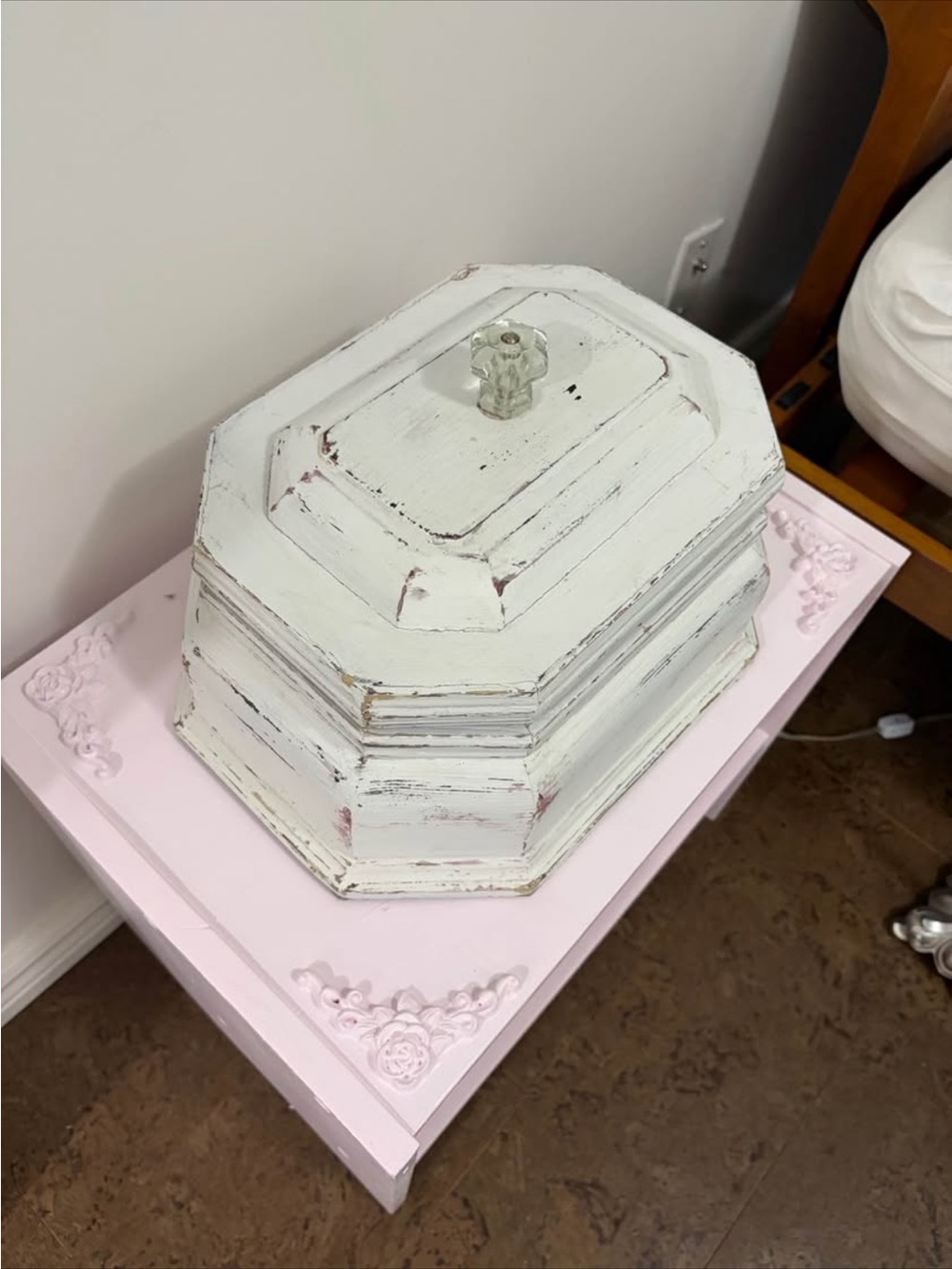 Vintage Shabby Chic Storage Box With Lid~Velvet Lined~Depression Glass Knob